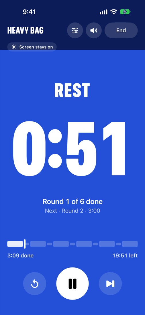 Rest on the running screen: 0:51, round 1 of 6 done